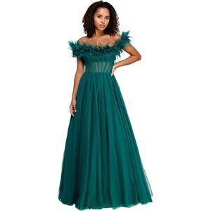 Say Yes to the Prom Womens Juniors Sheer Boned Bodice Ruffled Prom Dress Off-...